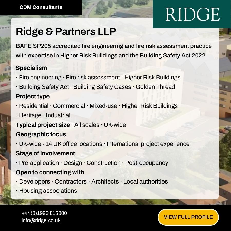 Ridge & Partners LLP CDM Consultants profile card detailing fire engineering and Building Safety Act 2022 expertise and UK-wide services.