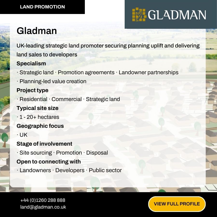 Gladman land promotion company profile card detailing strategic land services, specialism, project types, and UK contact information.