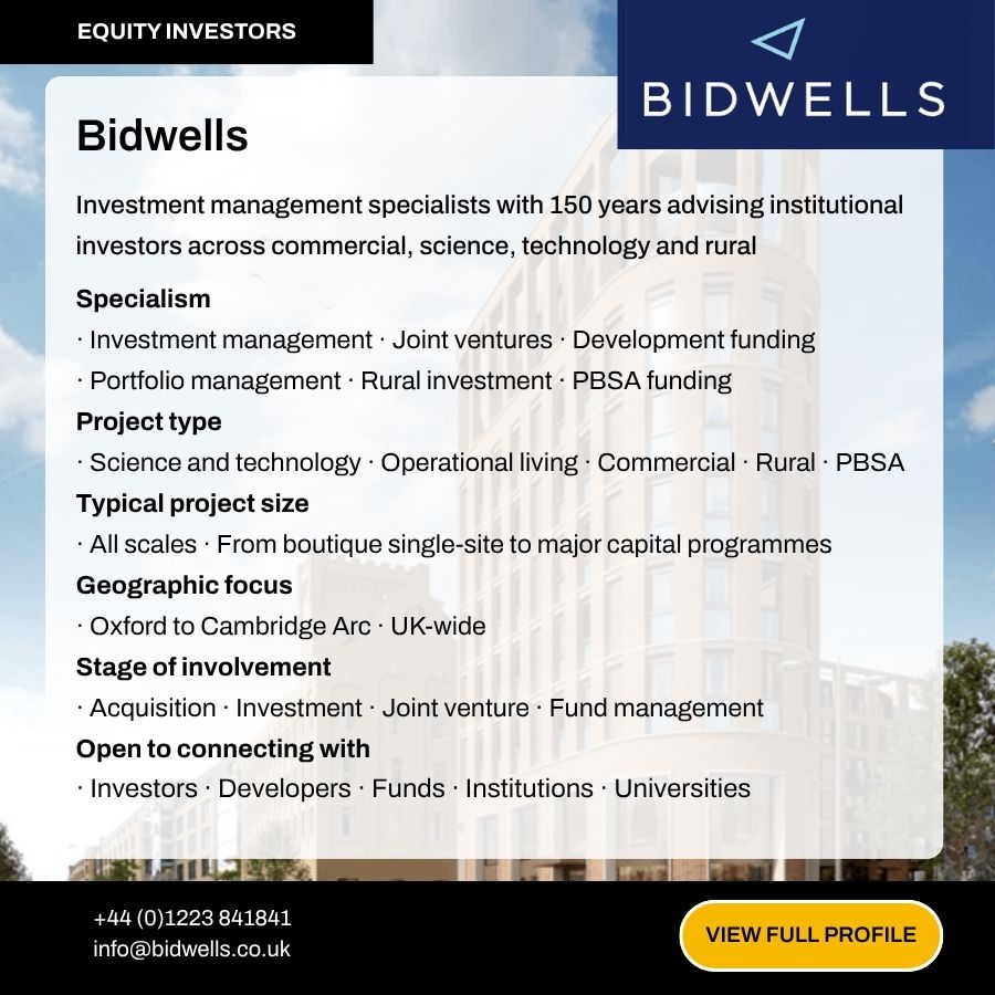 Bidwells equity investors profile card showing investment management services, specialisms, and contact details.