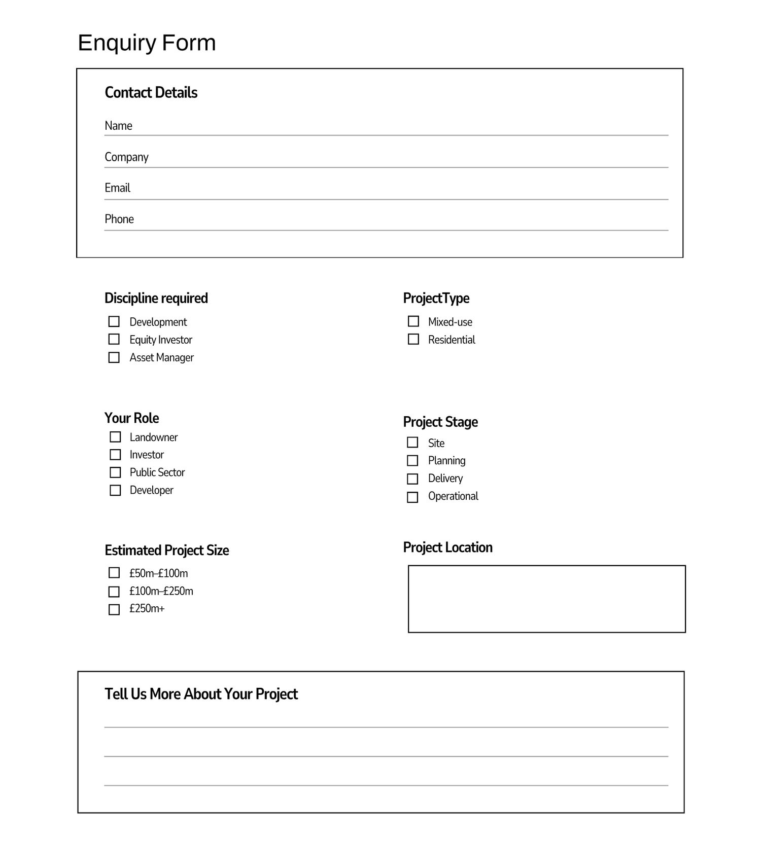 Real estate enquiry form with contact details, discipline, role, project type, stage, size, location, and project description fields.