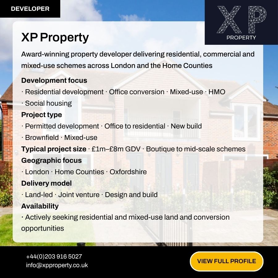 XP Property developer profile card showing residential and mixed-use development focus across London and Home Counties.