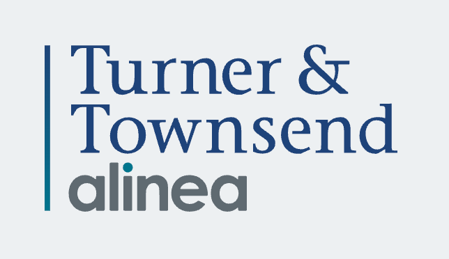 Turner & Townsend Alinea company logo featuring bold typography in dark blue and gray on a white background.
