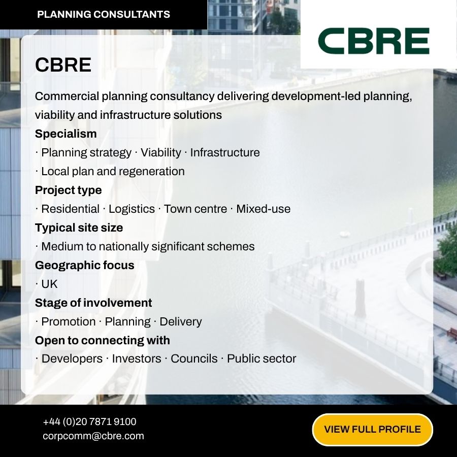 CBRE planning consultants profile card detailing specialisms, project types, and geographic focus in the UK.