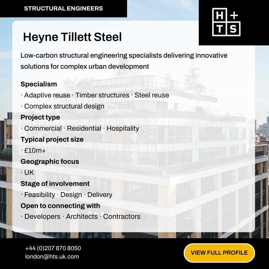 Heyne Tillett Steel structural engineers profile card showcasing specialisms in adaptive reuse, timber structures, and steel reuse.