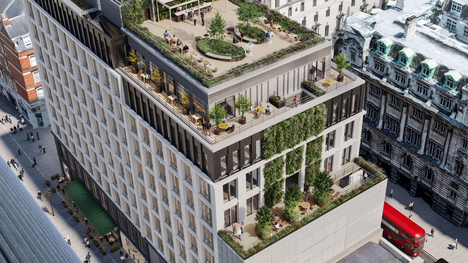 Aerial view of a modern urban building with a lush rooftop garden terrace surrounded by city architecture.