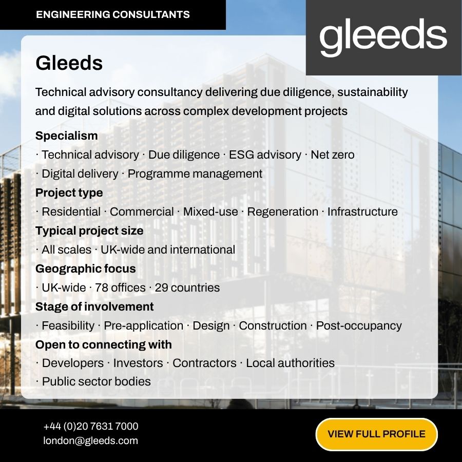 Gleeds engineering consultants profile card detailing technical advisory, ESG, digital delivery, and programme management services across 29