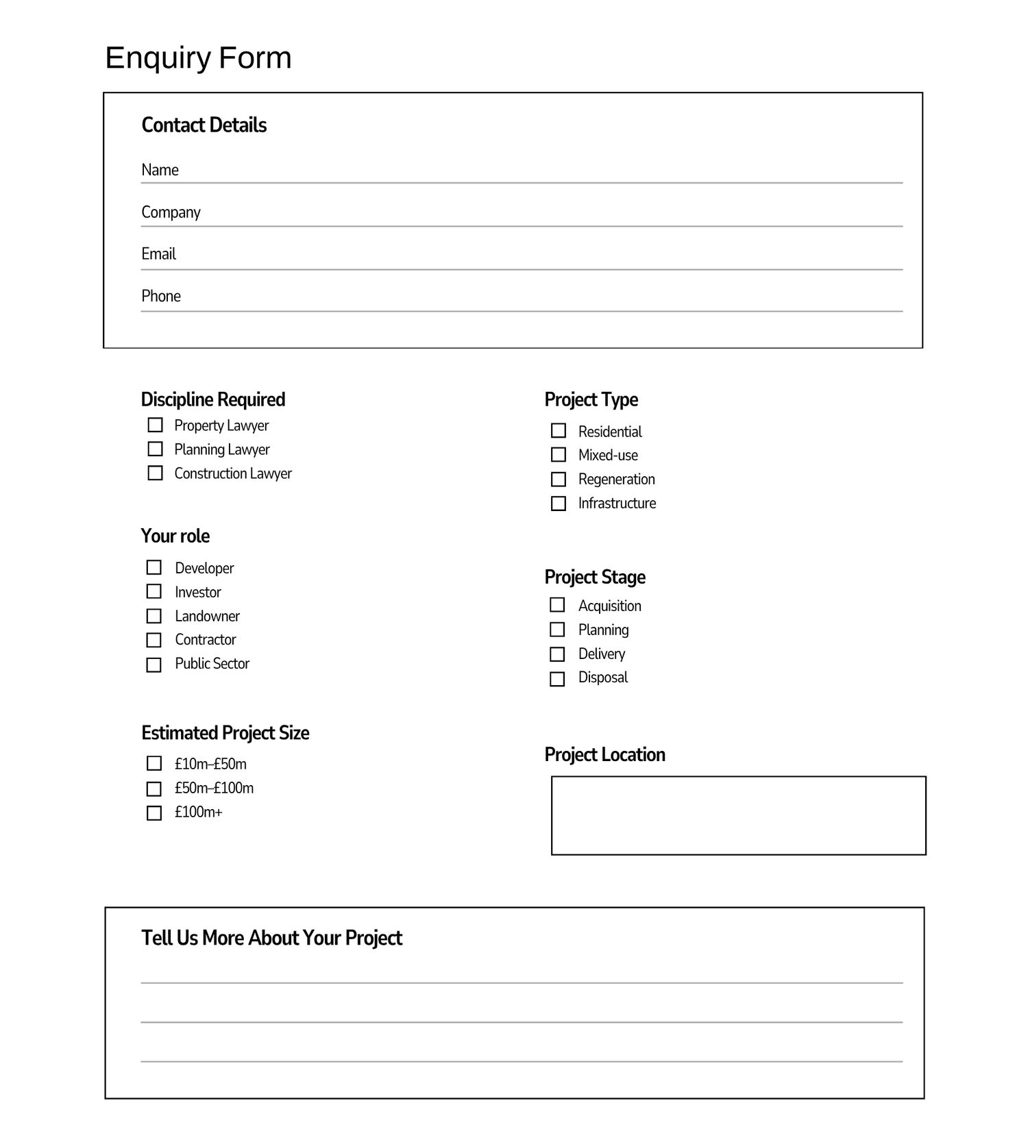 Professional enquiry form template with contact details, discipline, project type, stage, size, and location fields.