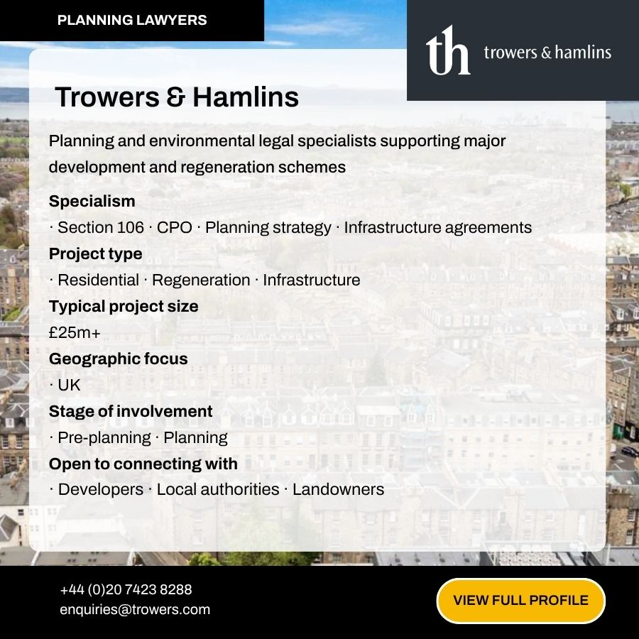 Trowers & Hamlins planning lawyers profile card detailing specialisms, project types, and contact information.