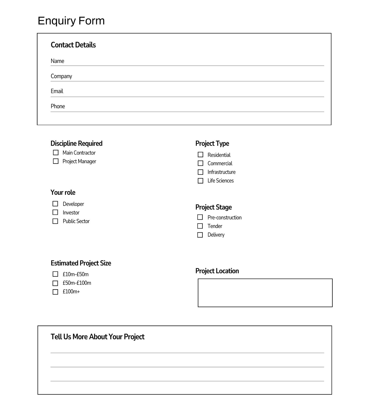 Professional enquiry form with contact details, discipline, project type, role, stage, size, and location fields.
