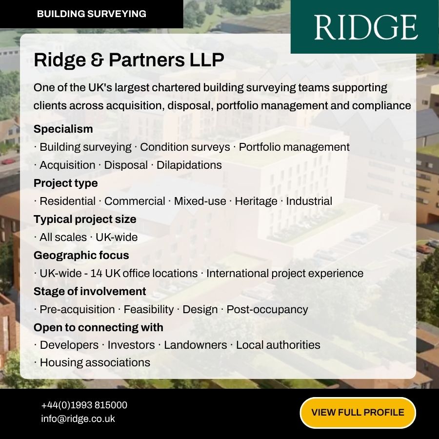Ridge & Partners LLP building surveying services ad listing UK specialisms, project types, and contact details.