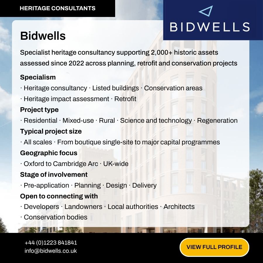 Bidwells heritage consultancy profile card showcasing specialist services in conservation, planning, and retrofit projects across the UK.