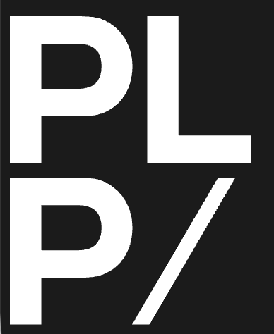 Black and white PLP logo featuring bold typography with letters P, L, and P followed by a forward slash.