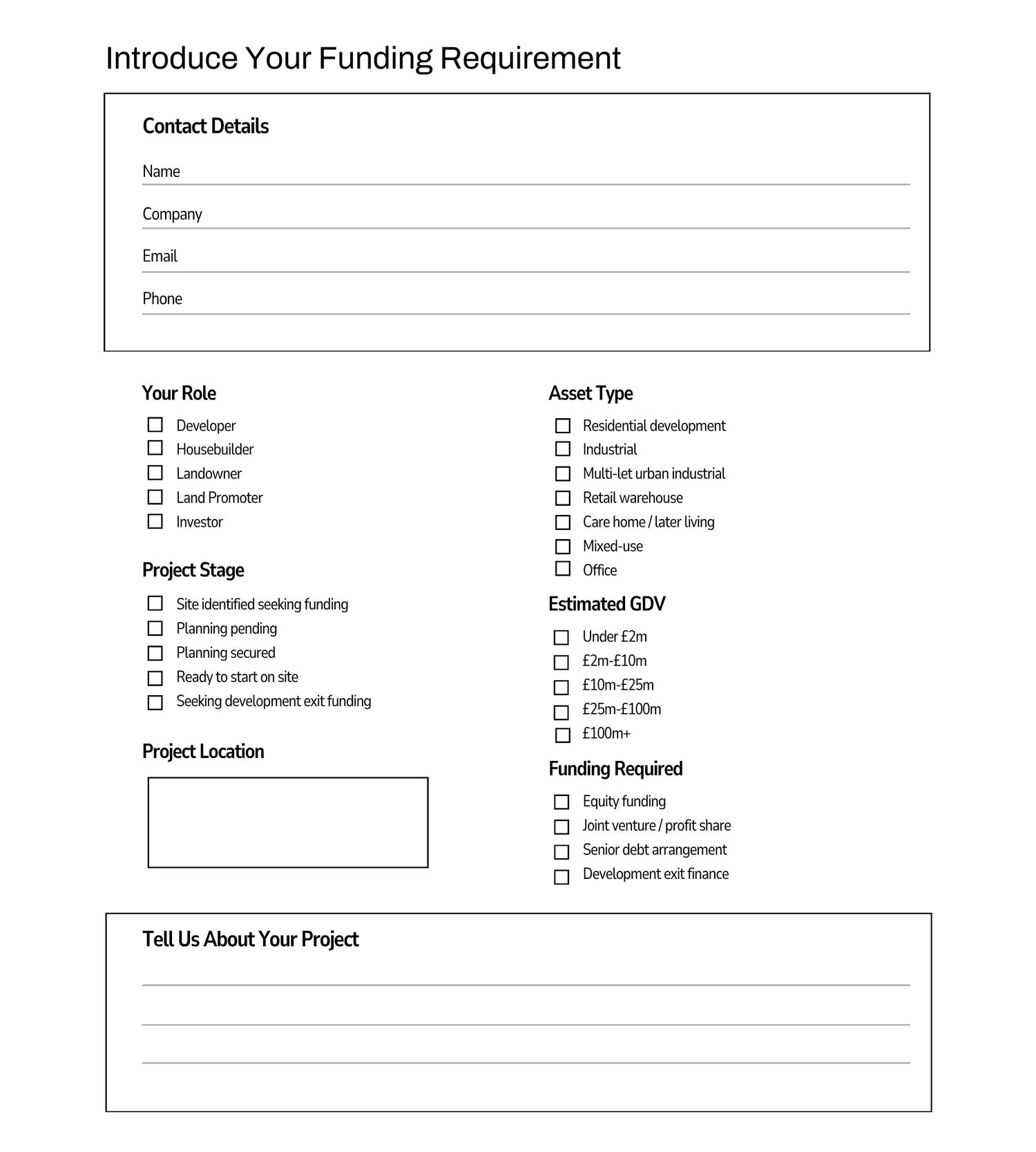 Funding requirement introduction form with contact details, project stage, asset type, estimated GDV, and funding required fields.