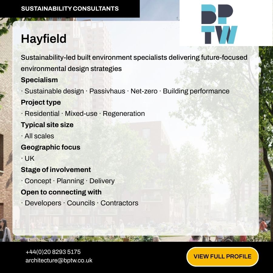 Hayfield sustainability consultants profile card showing specialisms, project types, and contact details for BPTW architecture firm.