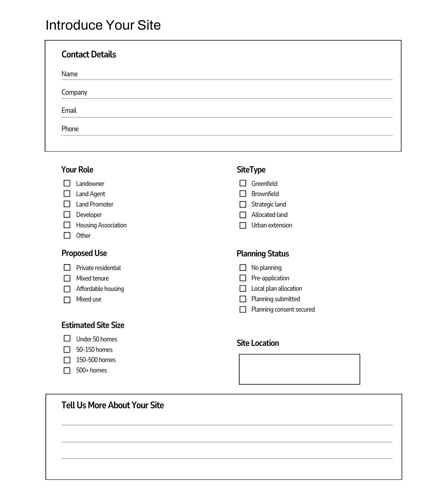 A site introduction form with contact details, role checkboxes, proposed use, site type, planning status, and site location fields.