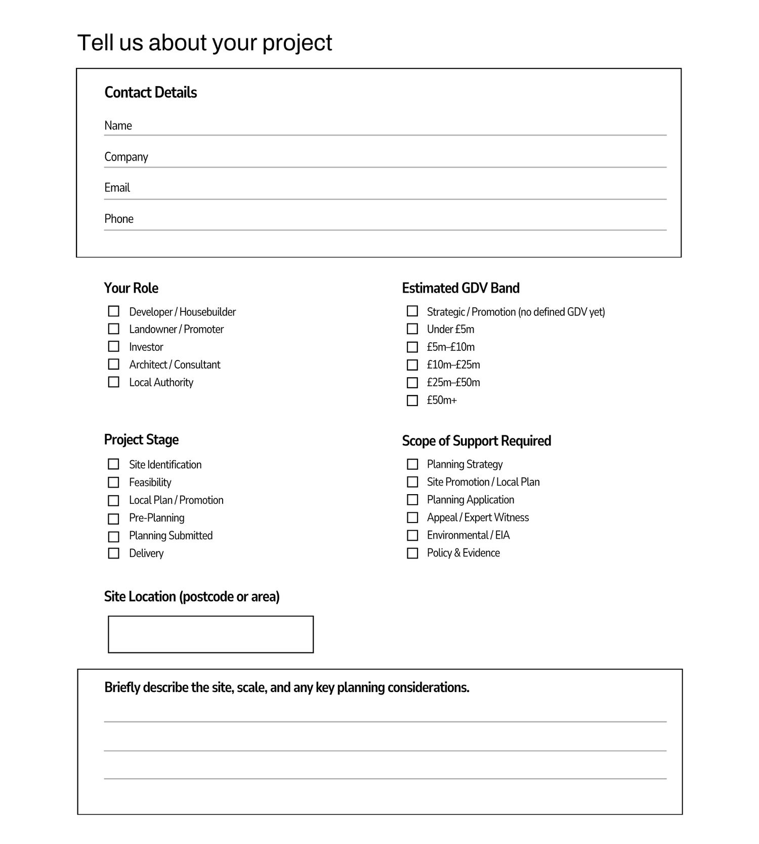 Project inquiry form with fields for contact details, role, project stage, GDV band, scope of support, and site description.