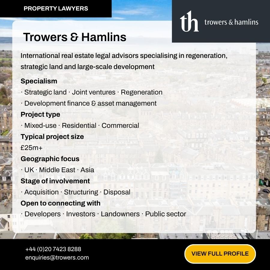 Trowers & Hamlins property lawyers profile card detailing real estate legal services, specialisms, and contact information.