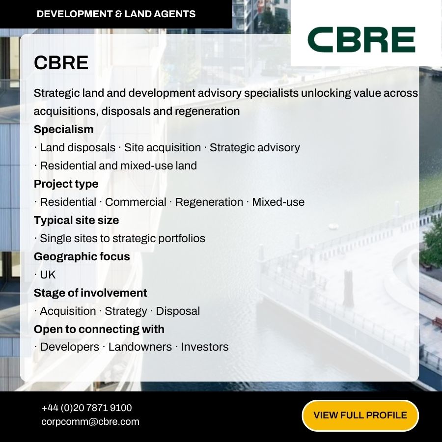 CBRE development and land agents profile card showing specialisms, project types, and contact details for strategic land advisory.