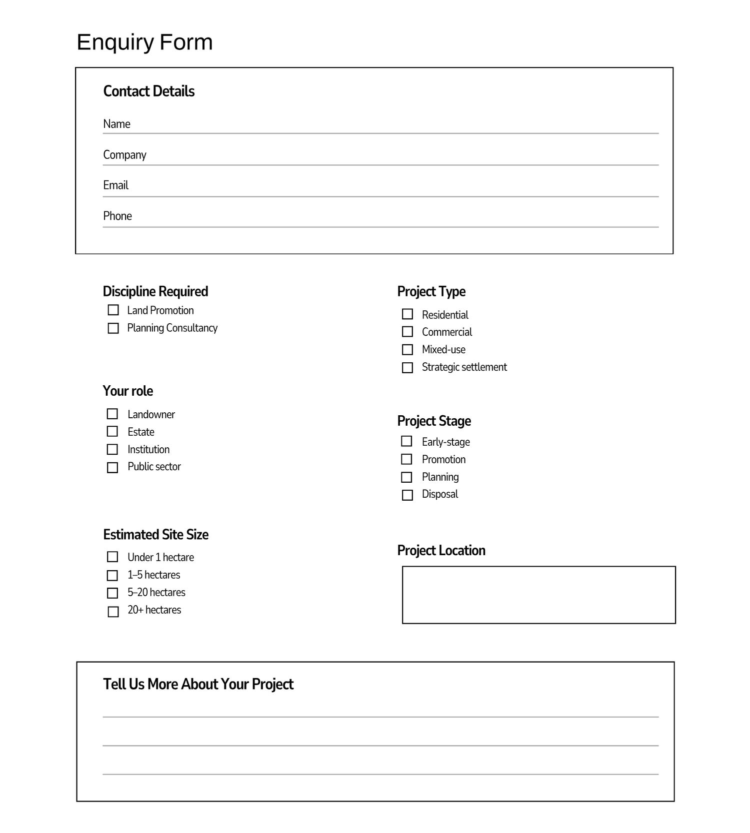 Enquiry form with contact details, discipline, project type, role, stage, site size, and project location fields.