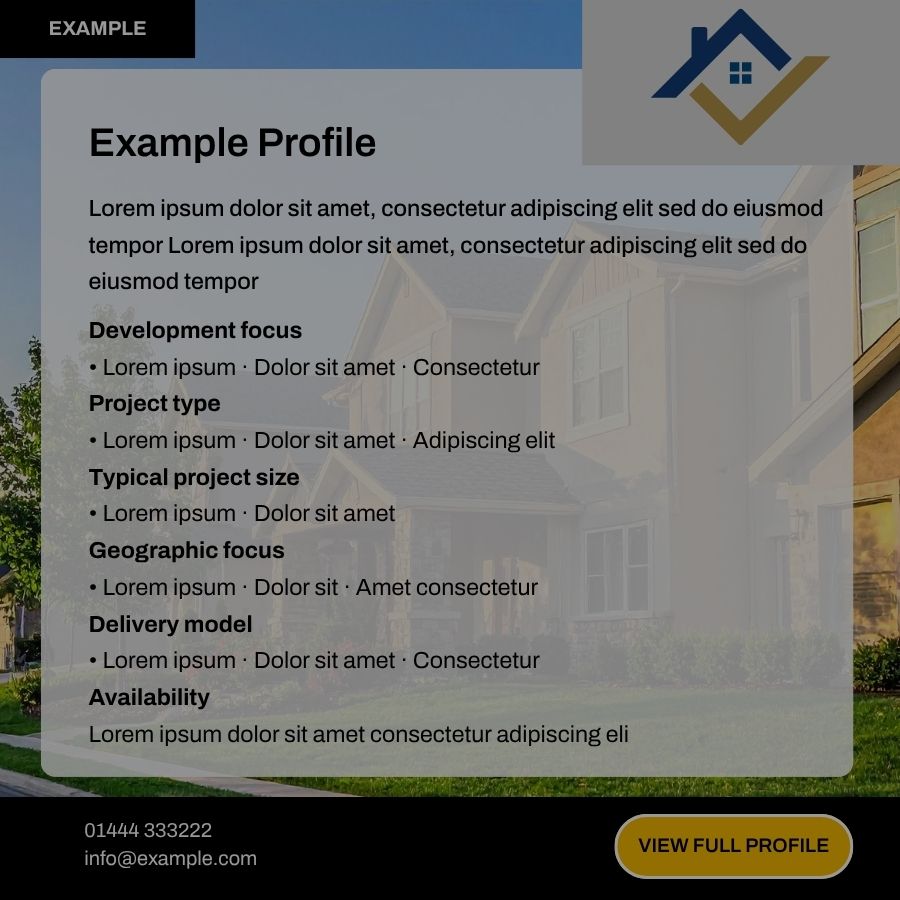 Example profile card showcasing a real estate investor profile with contact details and a view full profile button.