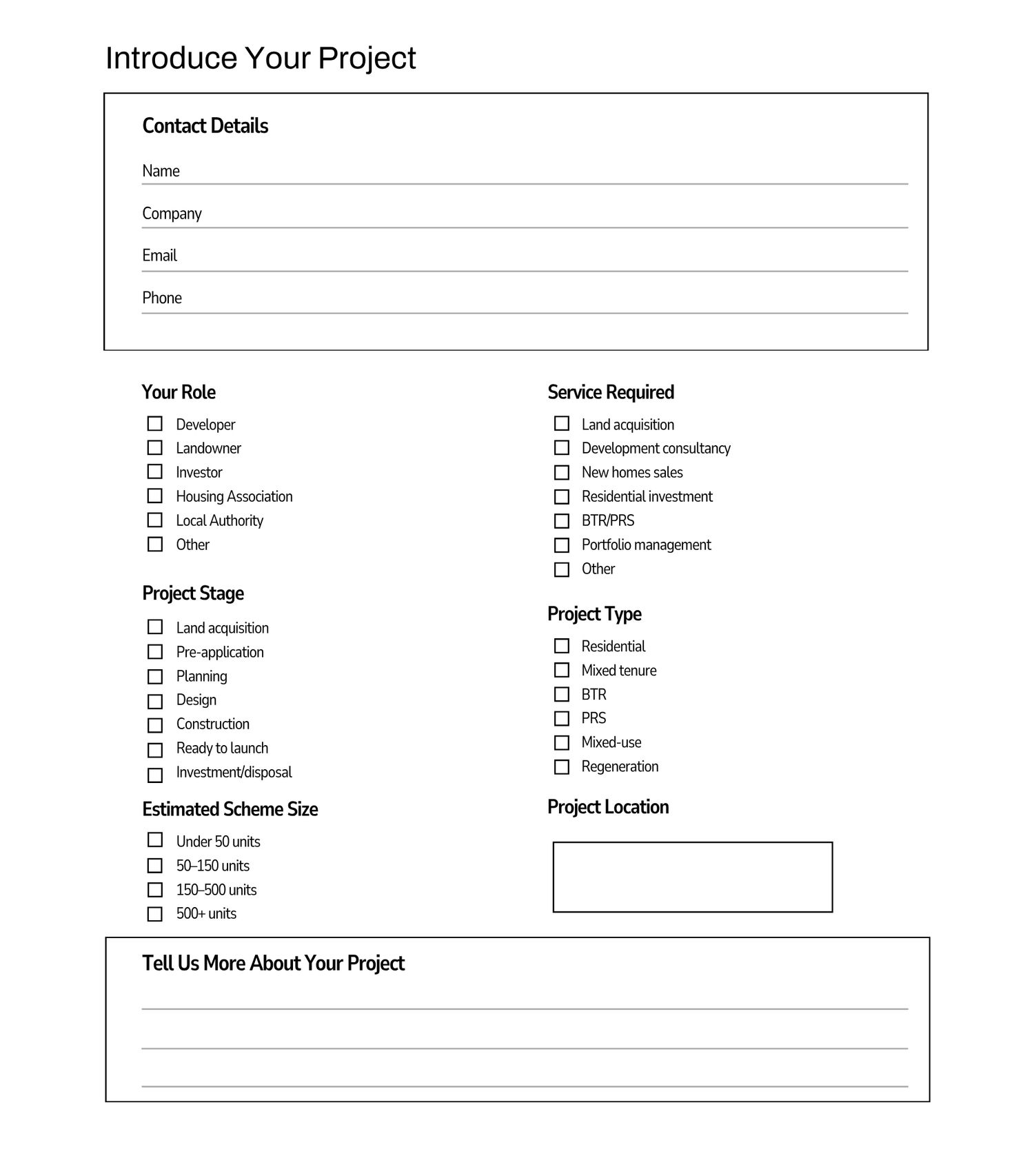 Project introduction form with contact details, role checkboxes, service options, project stage, type, size, and location fields.