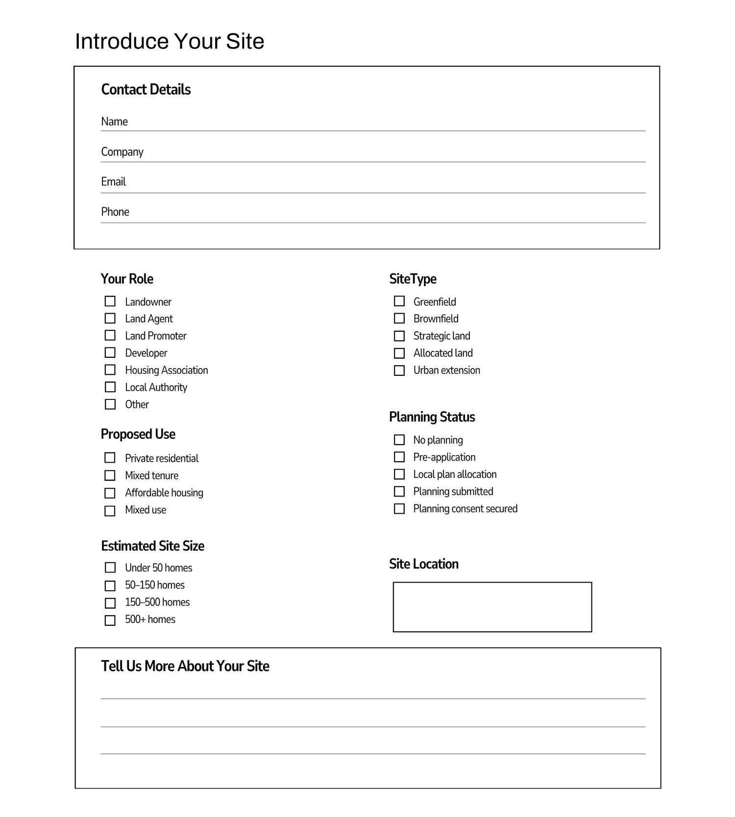A site introduction form with fields for contact details, role, site type, proposed use, planning status, estimated size, and location.