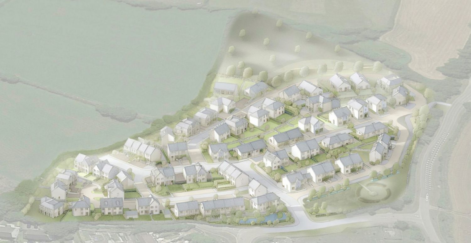 Aerial rendering of a modern residential housing development near a waterway, featuring clustered homes with green landscaping.
