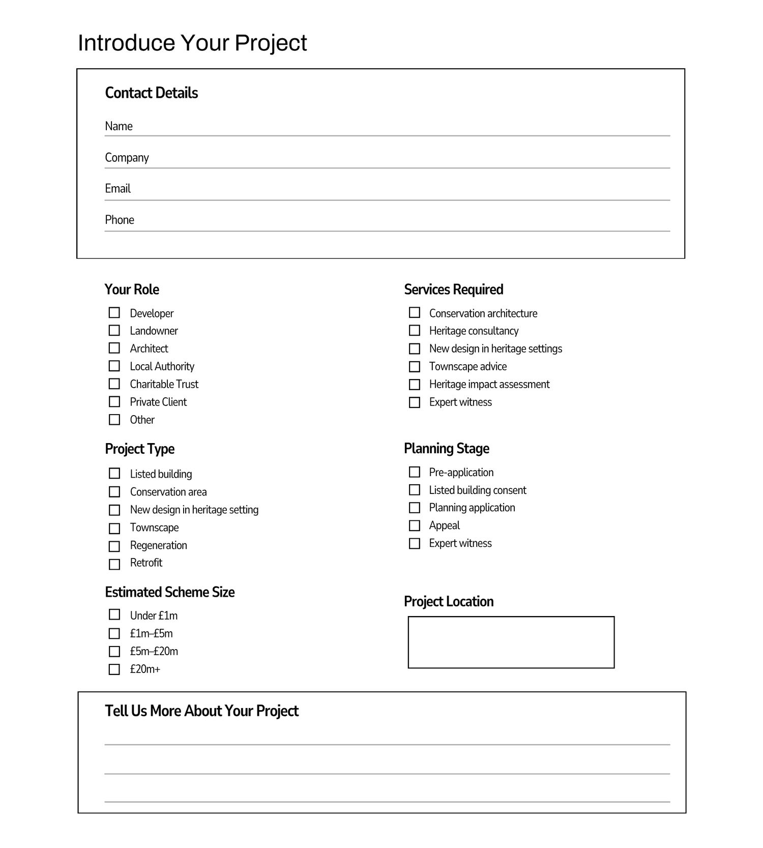 Project introduction form with contact details, role checkboxes, project type, services required, planning stage, and budget fields.