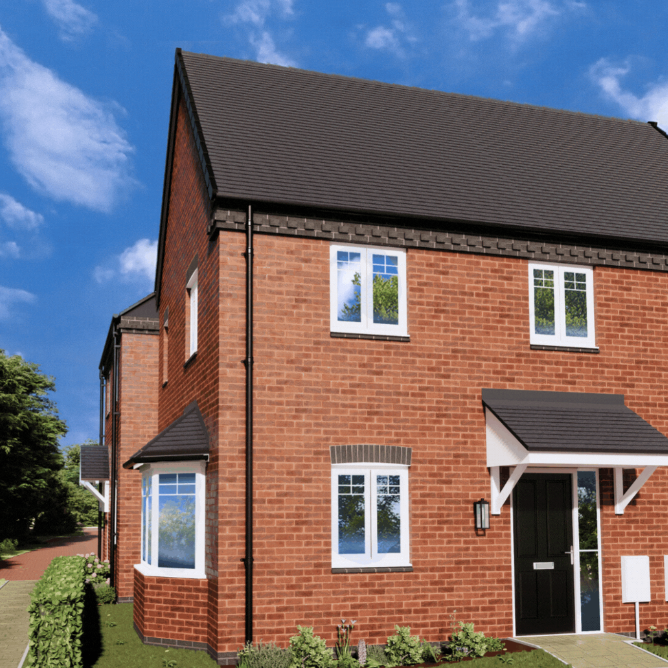 Modern red brick house exterior with white windows and doors against blue sky with multiple viewing angles.