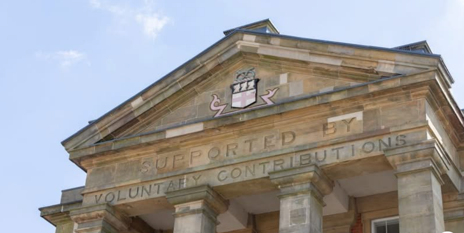 Four architectural photos showing neoclassical building pediments with ornate stone carvings and columns against blue sky.