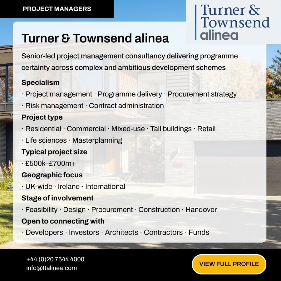 Turner & Townsend Alinea project management consultancy ad showcasing specialisms, project types, and contact details.