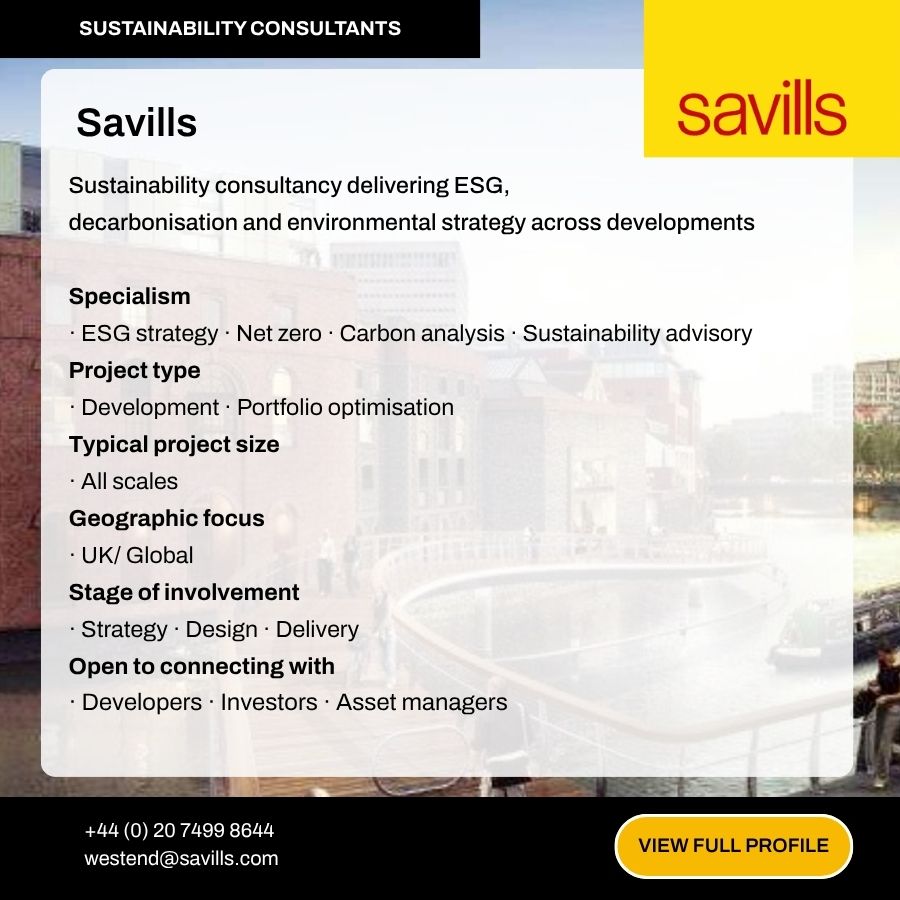 Savills sustainability consultancy profile card showing ESG strategy, net zero, and carbon analysis services for UK and global developments.