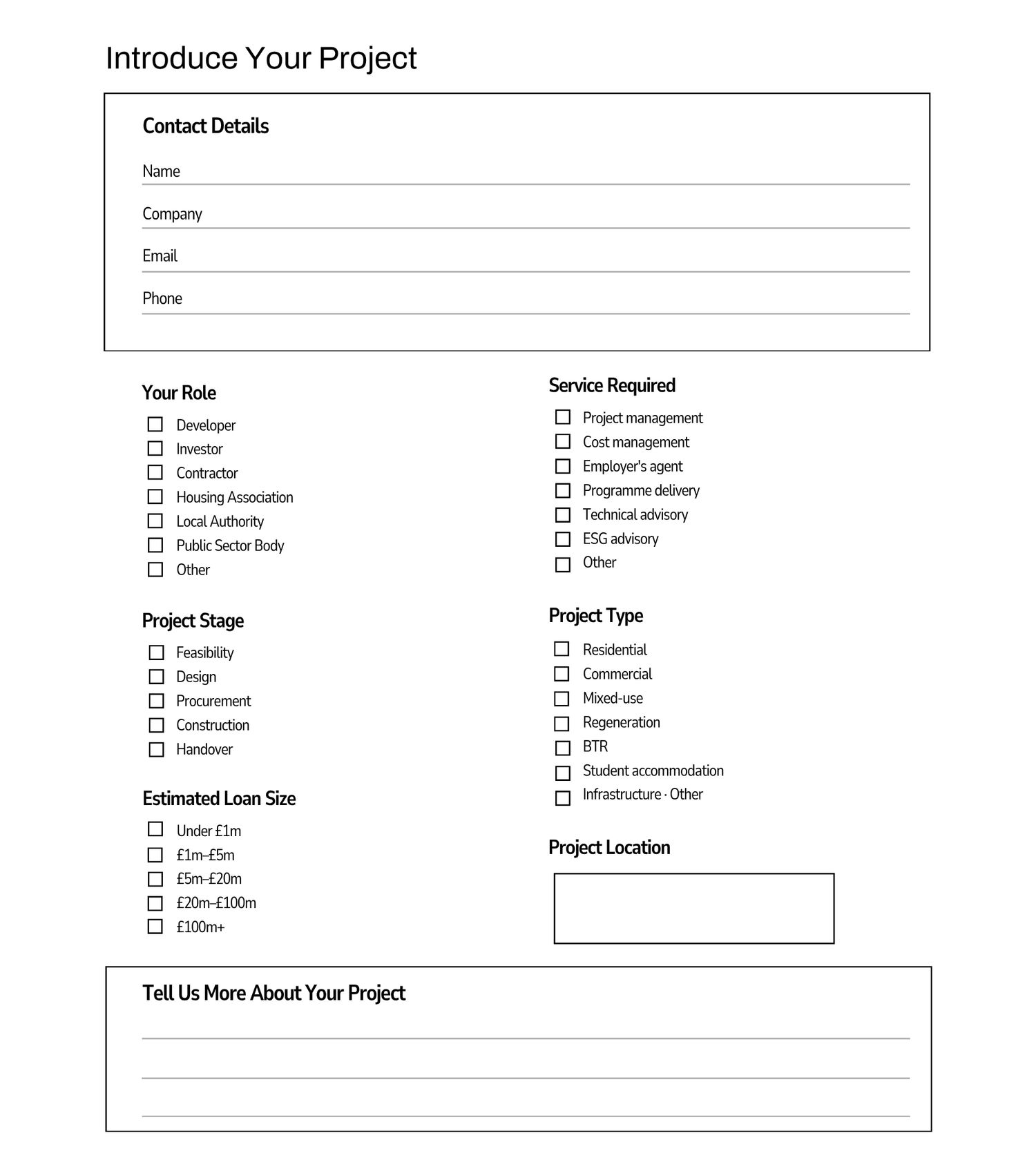 A project introduction form with fields for contact details, role, project stage, loan size, service required, project type, and location.