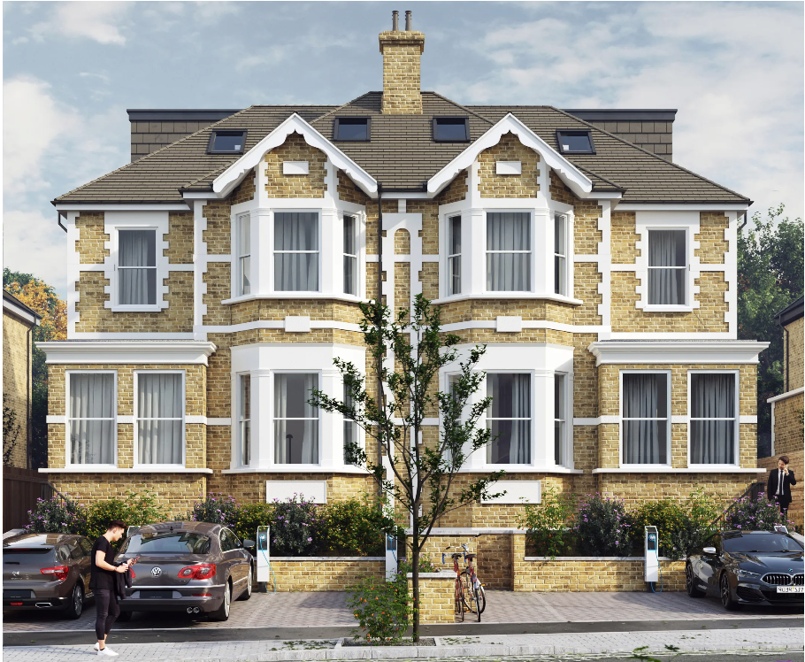 Victorian semi-detached brick house with white bay windows, dormer roof, and landscaped front garden in London.