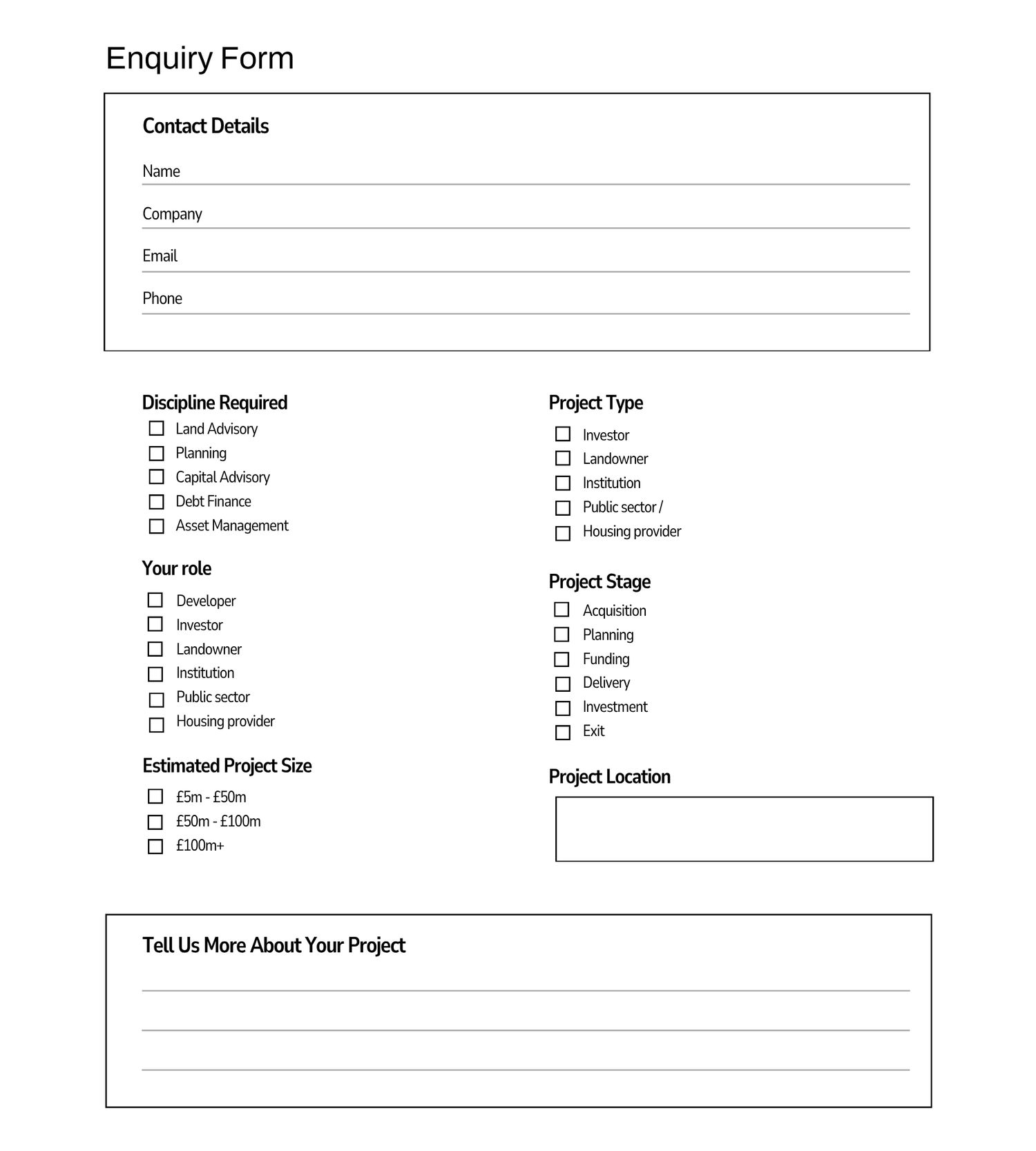 Professional enquiry form template with contact details, discipline, project type, stage, and location fields.