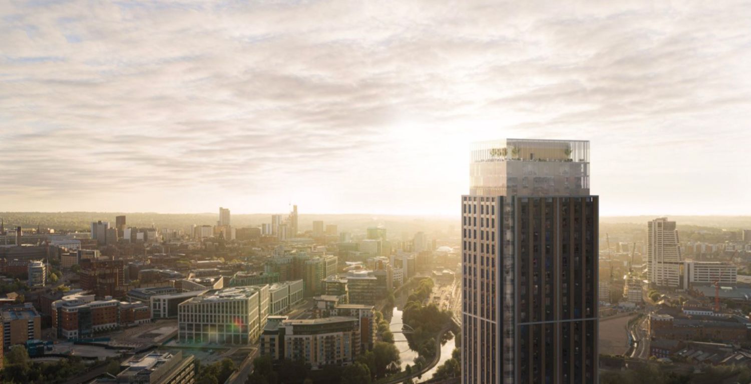 Aerial view of a modern glass skyscraper towering over Manchester city skyline at golden sunset.
