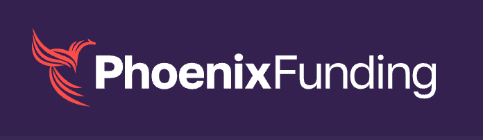 Phoenix Funding company logo featuring a red phoenix bird icon with bold white and red text on a deep purple background.