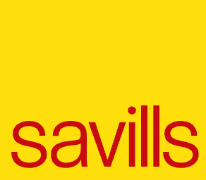 Savills real estate company logo featuring bold red lowercase text on a bright yellow square background.