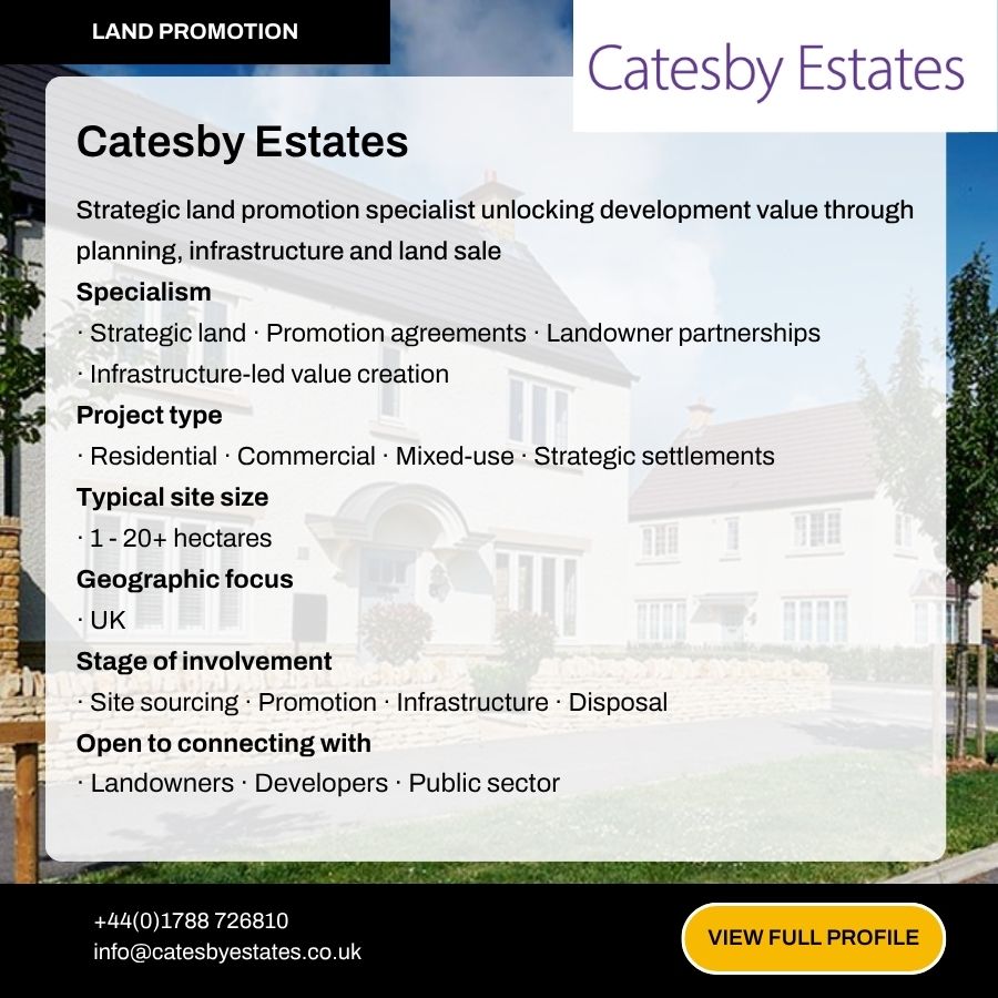 Catesby Estates land promotion specialist profile card detailing services, site sizes, and UK geographic focus.