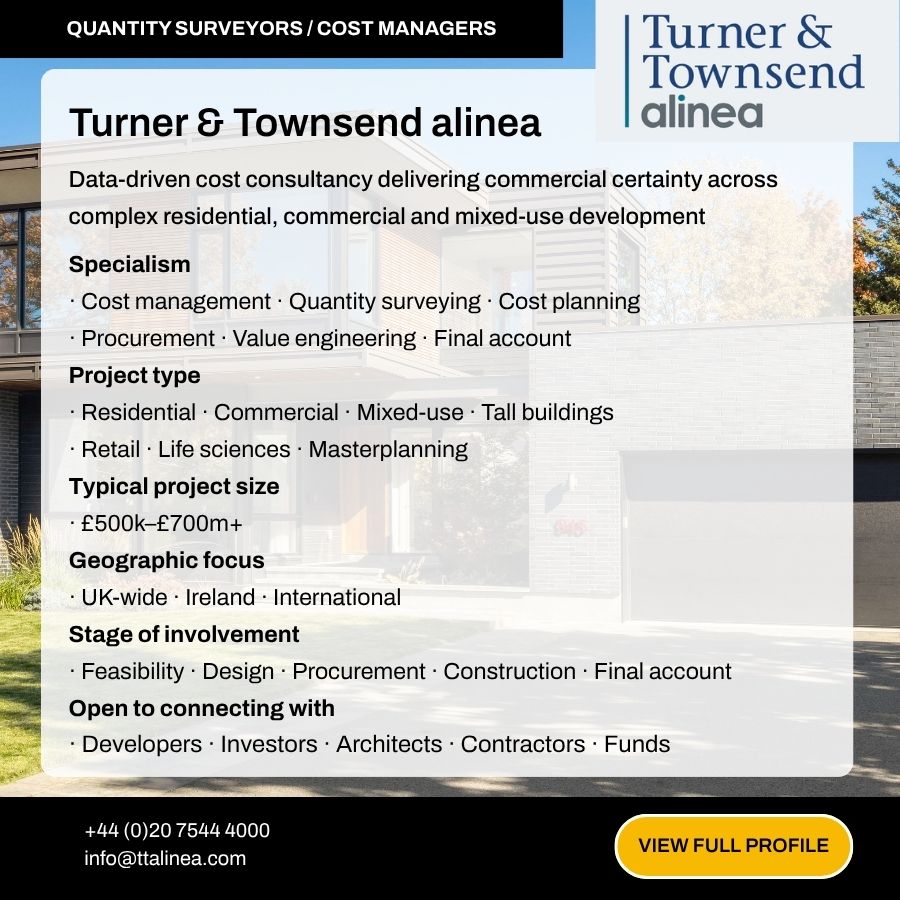 Turner & Townsend Alinea quantity surveyors and cost managers advertisement showcasing their data-driven cost consultancy services.