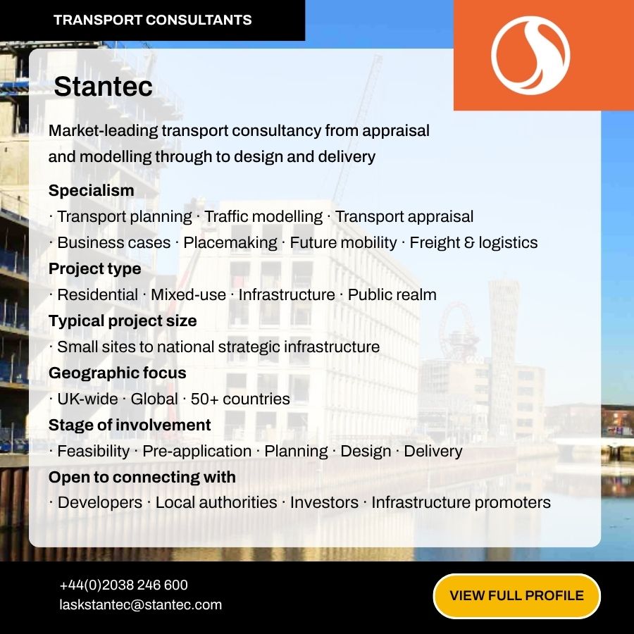 Stantec transport consultancy ad showcasing specialisms in planning, modelling, appraisal, and logistics across UK and global projects.