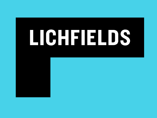 Lichfields logo featuring bold white text on a black background with a cyan blue border.