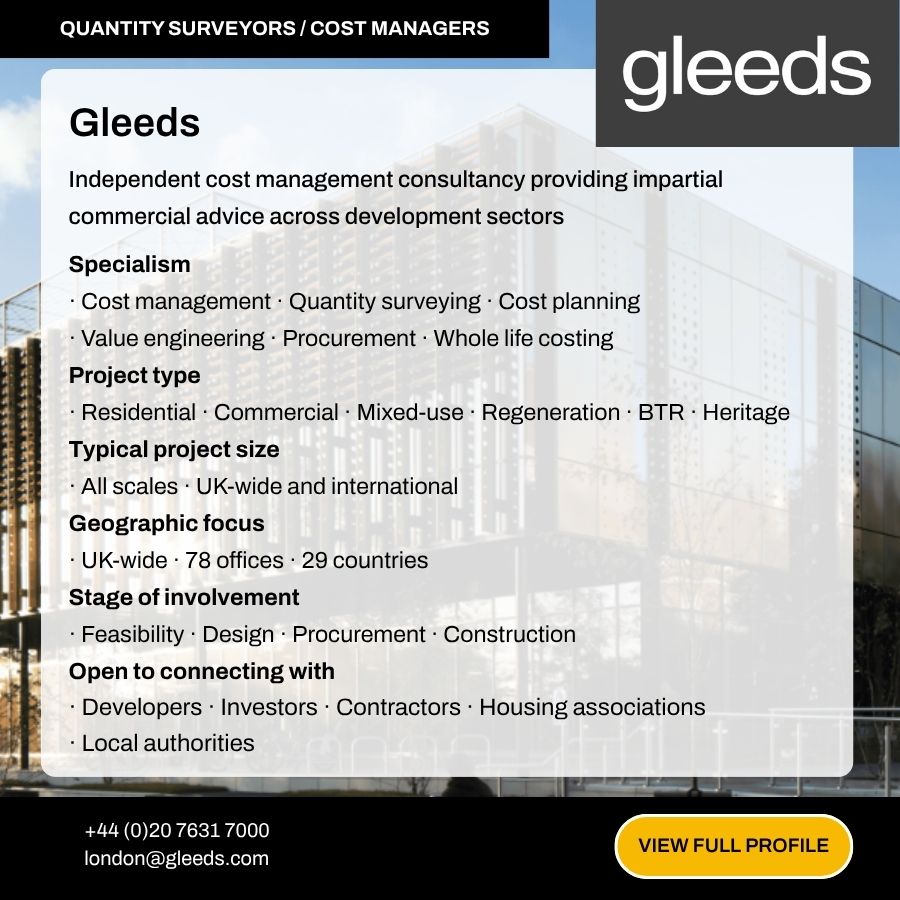 Gleeds quantity surveyors and cost managers consultancy advertisement showcasing specialisms, project types, and UK-wide services.