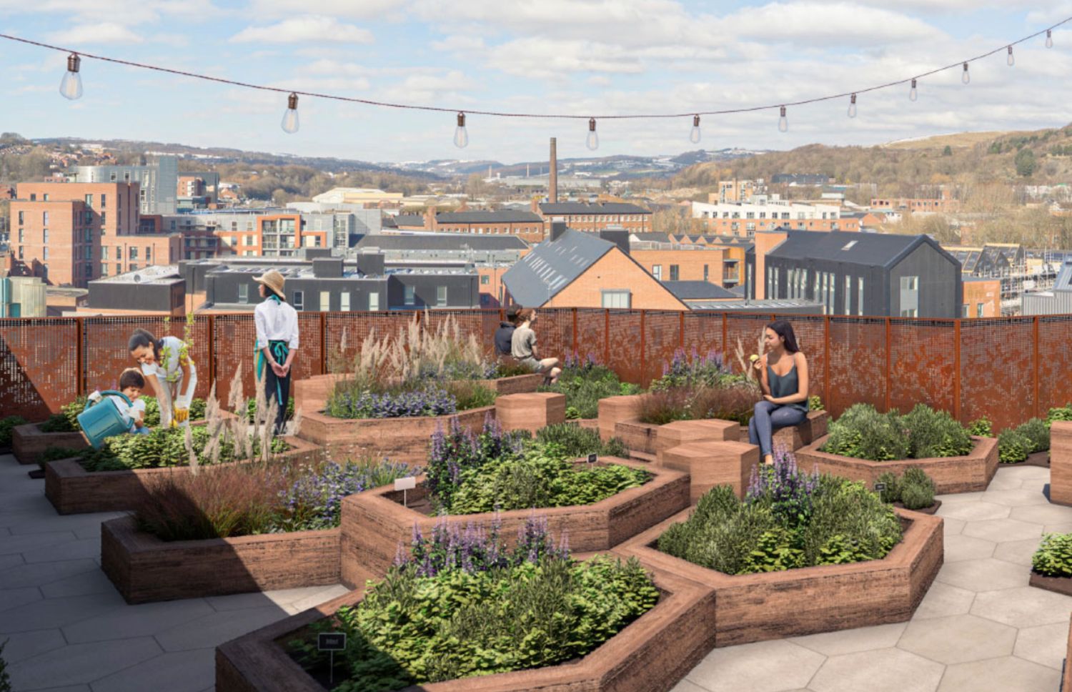 Rooftop garden with raised wooden planters, lush greenery, and city skyline views, with people enjoying the urban outdoor space.