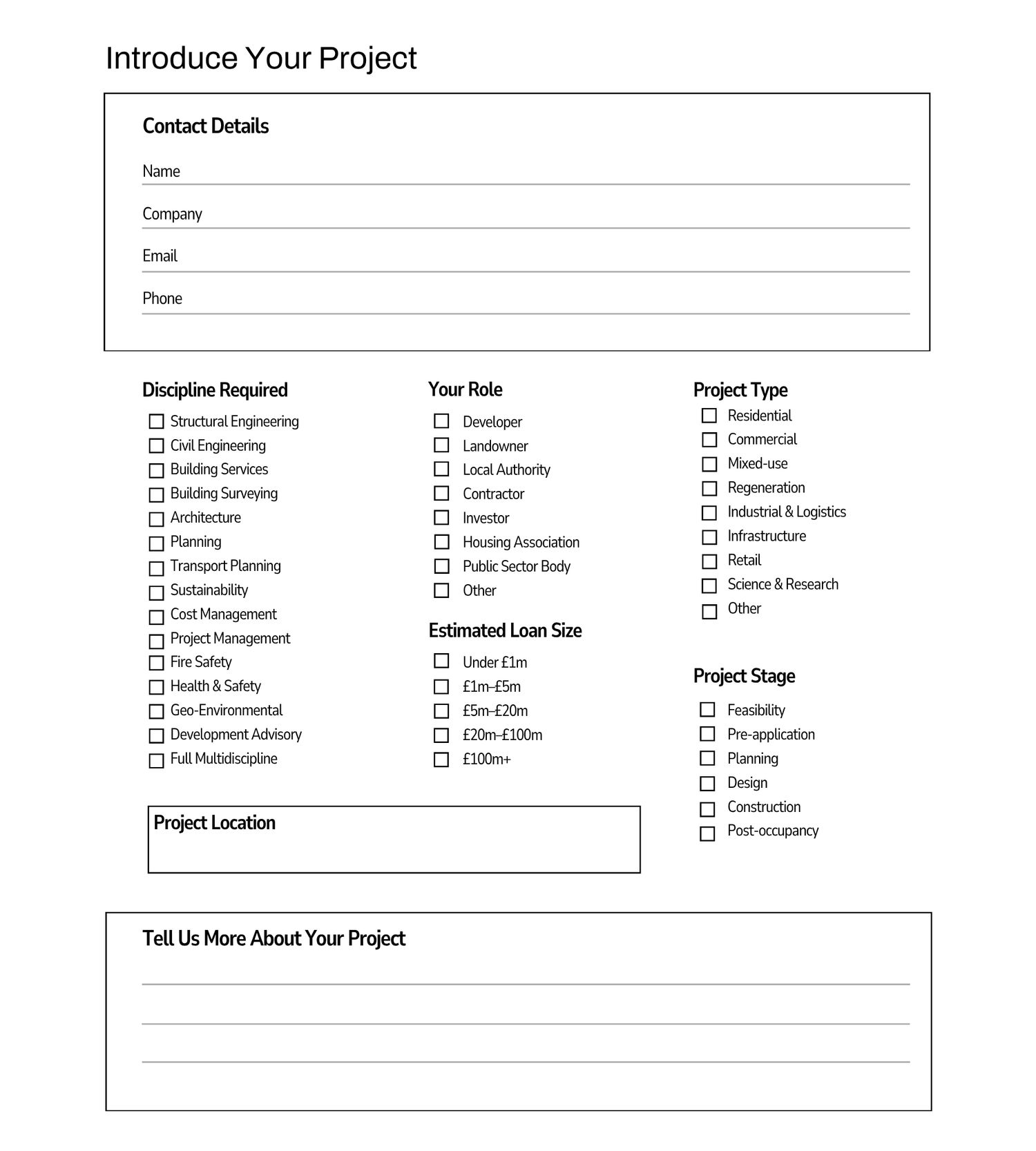 Project introduction form with contact details, discipline, role, loan size, project type, stage, location, and description fields.