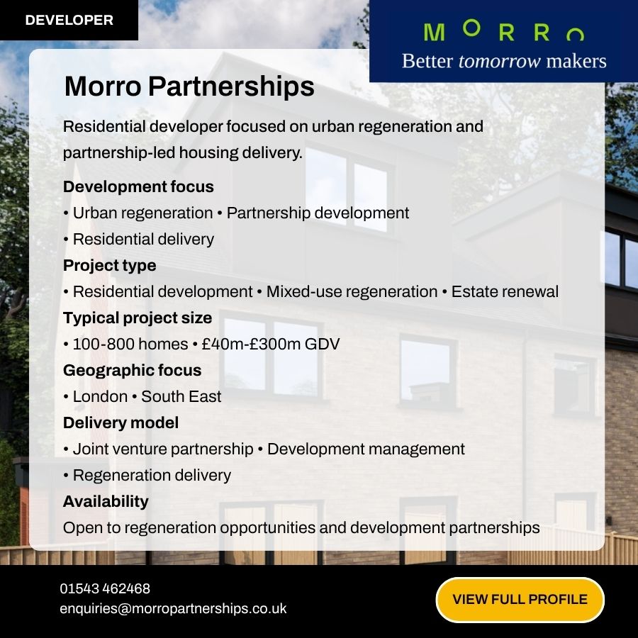 Morro Partnerships developer profile card highlighting urban regeneration, residential delivery, and joint venture opportunities in the UK.