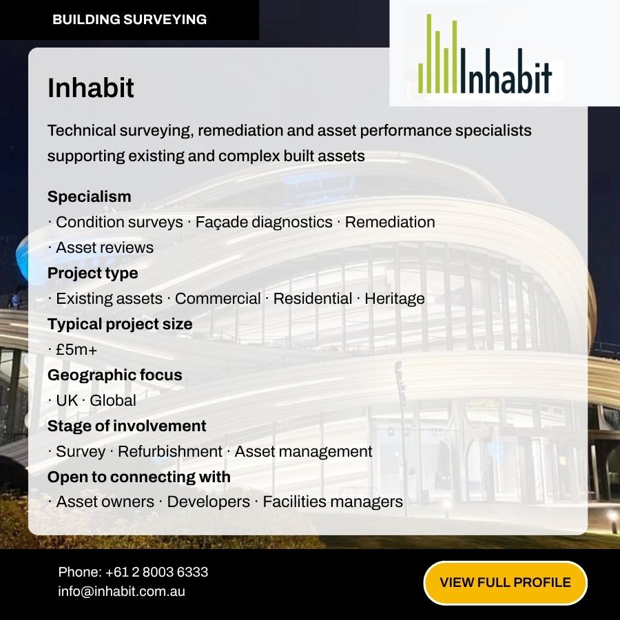 Inhabit building surveying firm profile card detailing specialism, project types, and geographic focus for asset management.