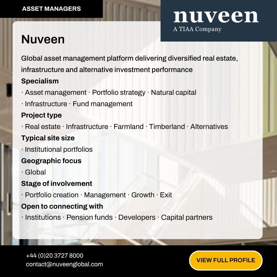 Nuveen asset manager profile card detailing investment specialisms including real estate, infrastructure, and farmland.