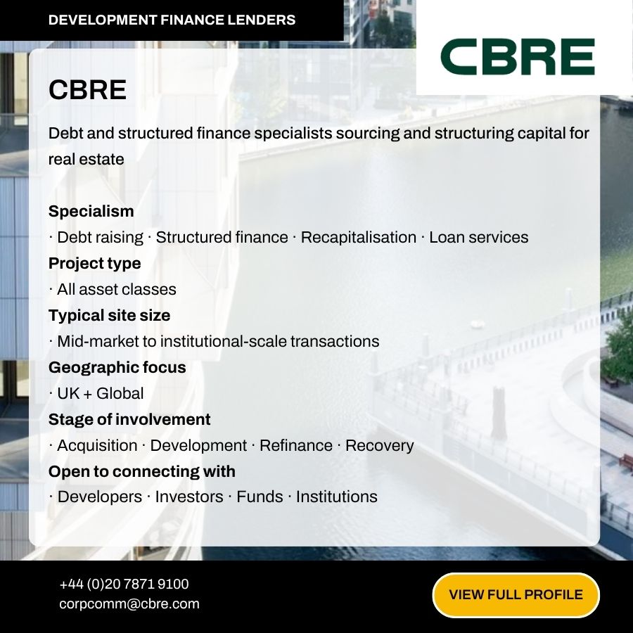 CBRE development finance lenders profile card showing debt and structured finance specialists for real estate across UK and global markets.