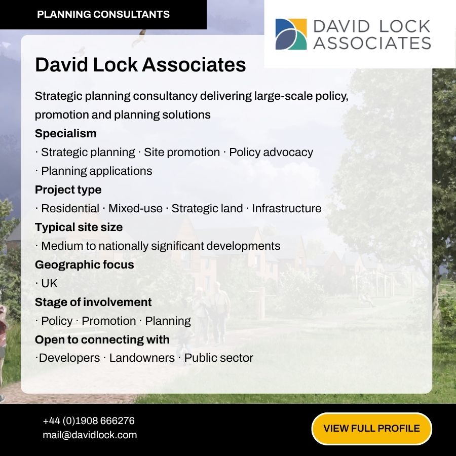 David Lock Associates planning consultancy profile card showing services, specialisms, and contact details on a light background.